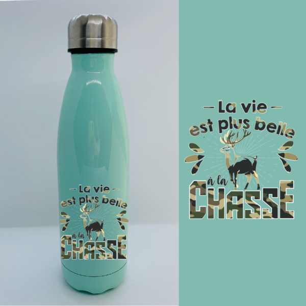 gourde la vie est plus belle a la chasse bleu e1768229759205